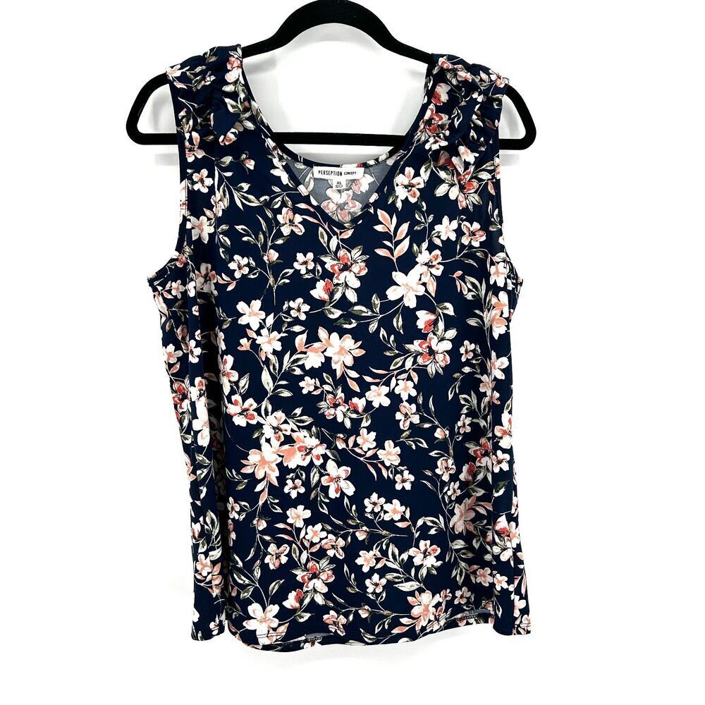 PERSEPTION Navy Blue Pink Floral Print Ruffle Shoulder Tank Top Blouse Size XL